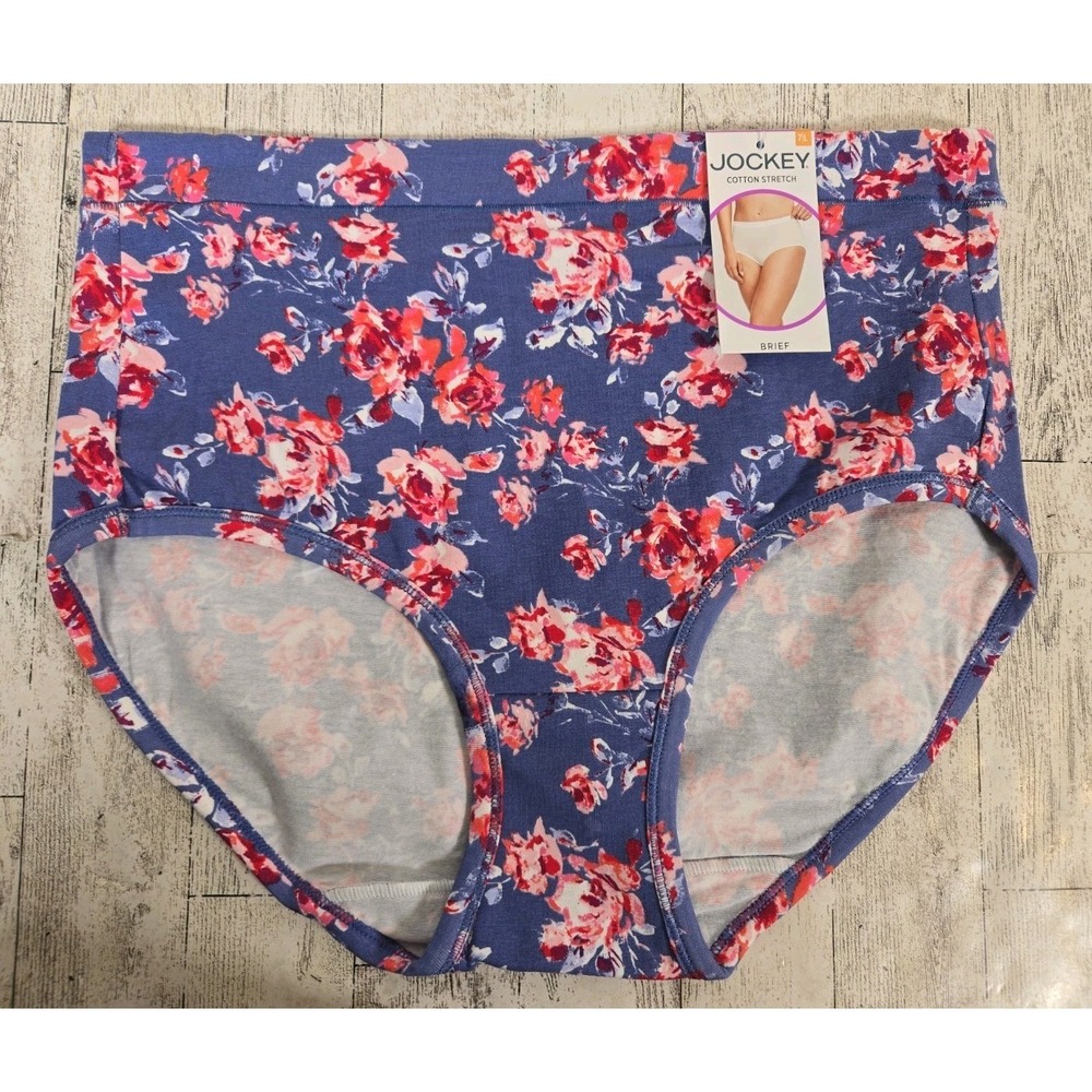 Jockey BRIEF Underwear 7 Large Cotton Stretch Purple Floral Stays in Place